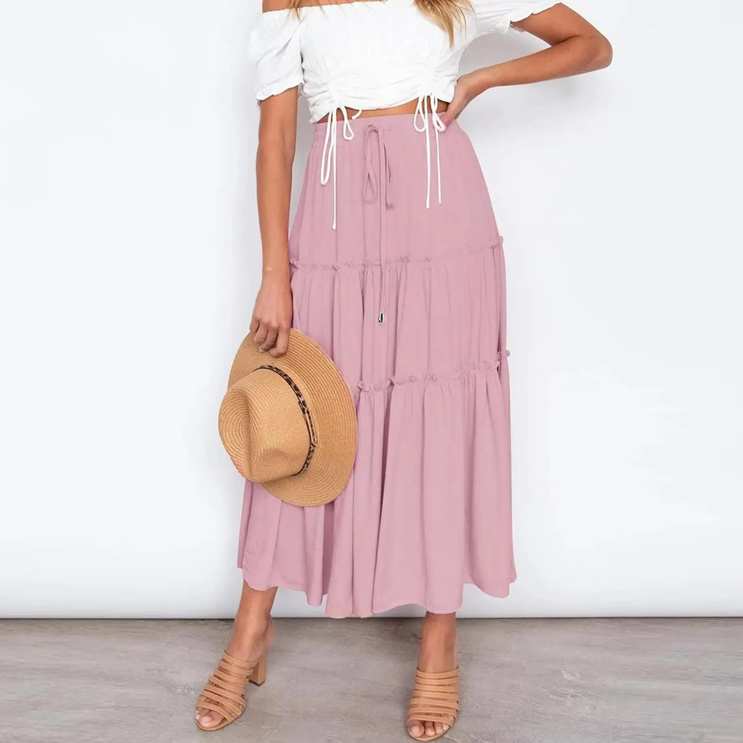 Women's Flowy Boho Maxi Skirt A Line High Waist Skirts Casual Pleated Tiered Long Skirts Summer Beach Vacation Skirt