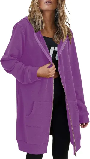Women's Full Zip Up Long Hoodies Casual Fall Hooded Sweatshirts Slim Fit Long Sleeve Fleece Jacket Coats with Pockets
