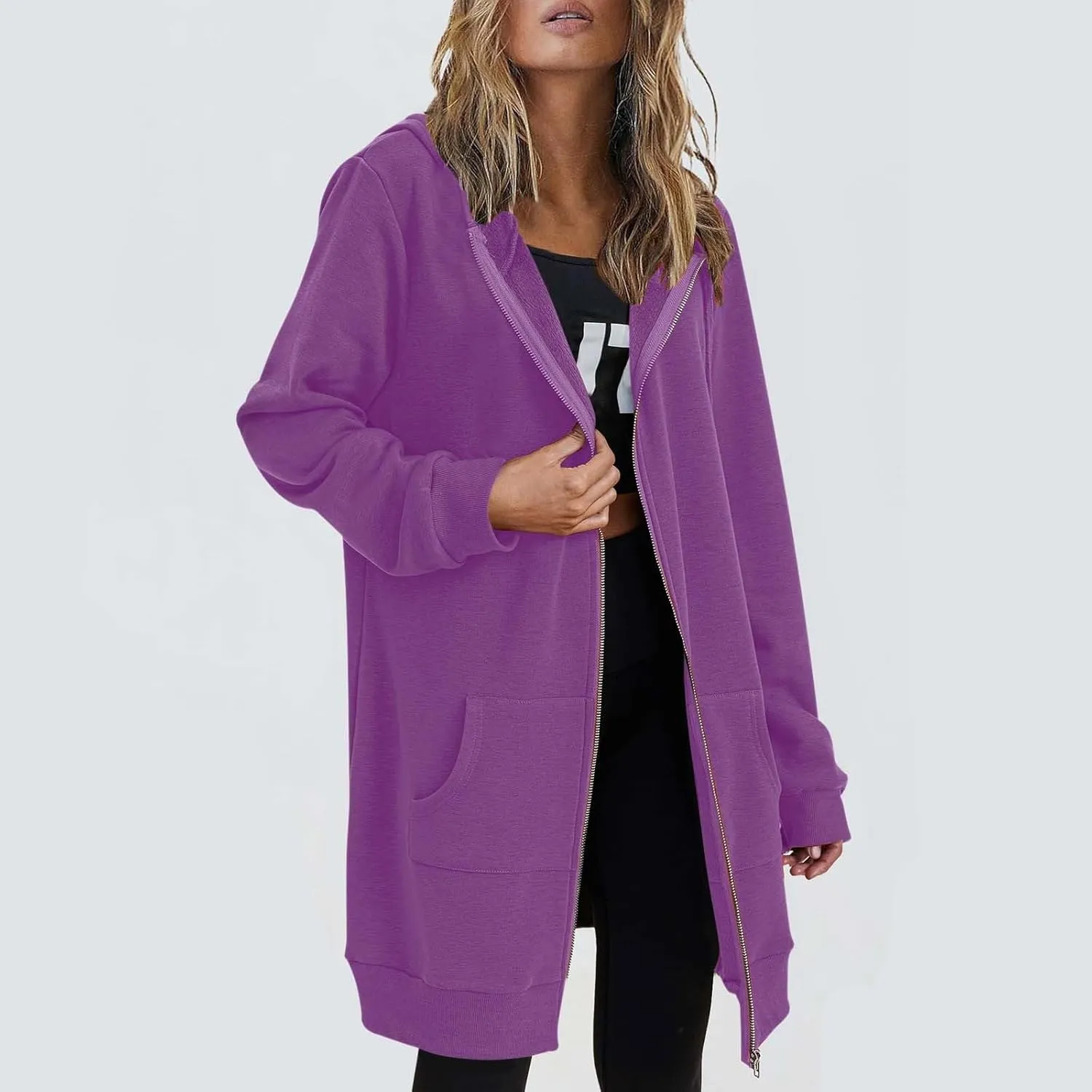Women's Full Zip Up Long Hoodies Casual Fall Hooded Sweatshirts Slim Fit Long Sleeve Fleece Jacket Coats with Pockets