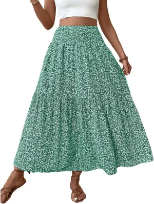 Womens High Elastic Waisted Skirts Summer Pleated Floral A-Line Midi Skirts Lightweight Boho Swing Flowy Skirt
