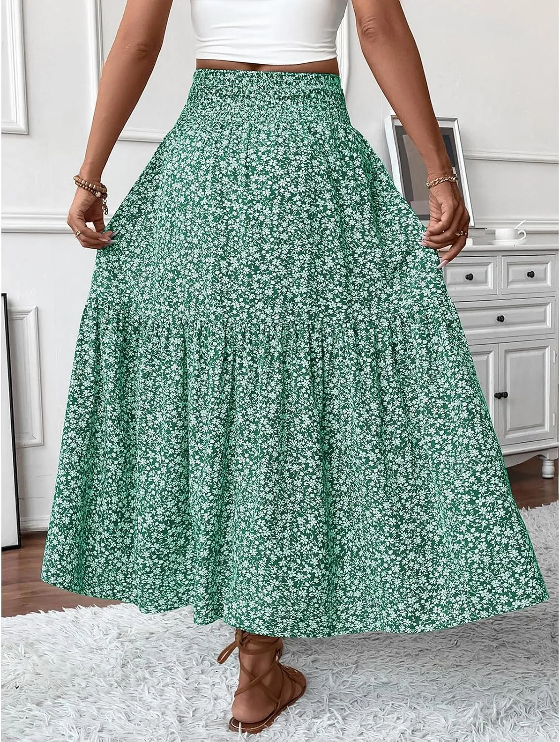 Womens High Elastic Waisted Skirts Summer Pleated Floral A-Line Midi Skirts Lightweight Boho Swing Flowy Skirt