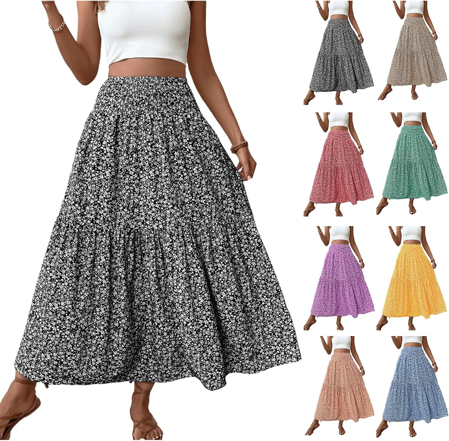Womens High Elastic Waisted Skirts Summer Pleated Floral A-Line Midi Skirts Lightweight Boho Swing Flowy Skirt
