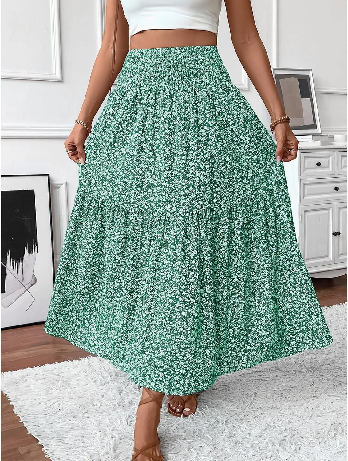 Womens High Elastic Waisted Skirts Summer Pleated Floral A-Line Midi Skirts Lightweight Boho Swing Flowy Skirt