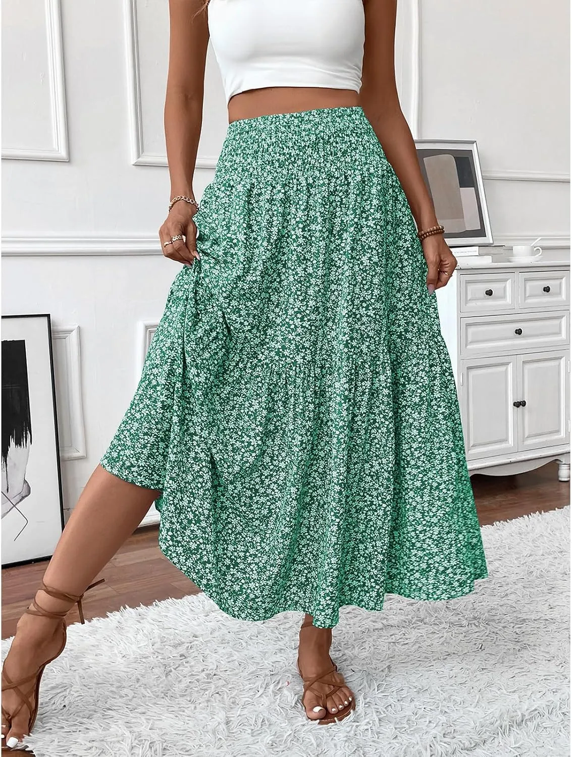 Womens High Elastic Waisted Skirts Summer Pleated Floral A-Line Midi Skirts Lightweight Boho Swing Flowy Skirt