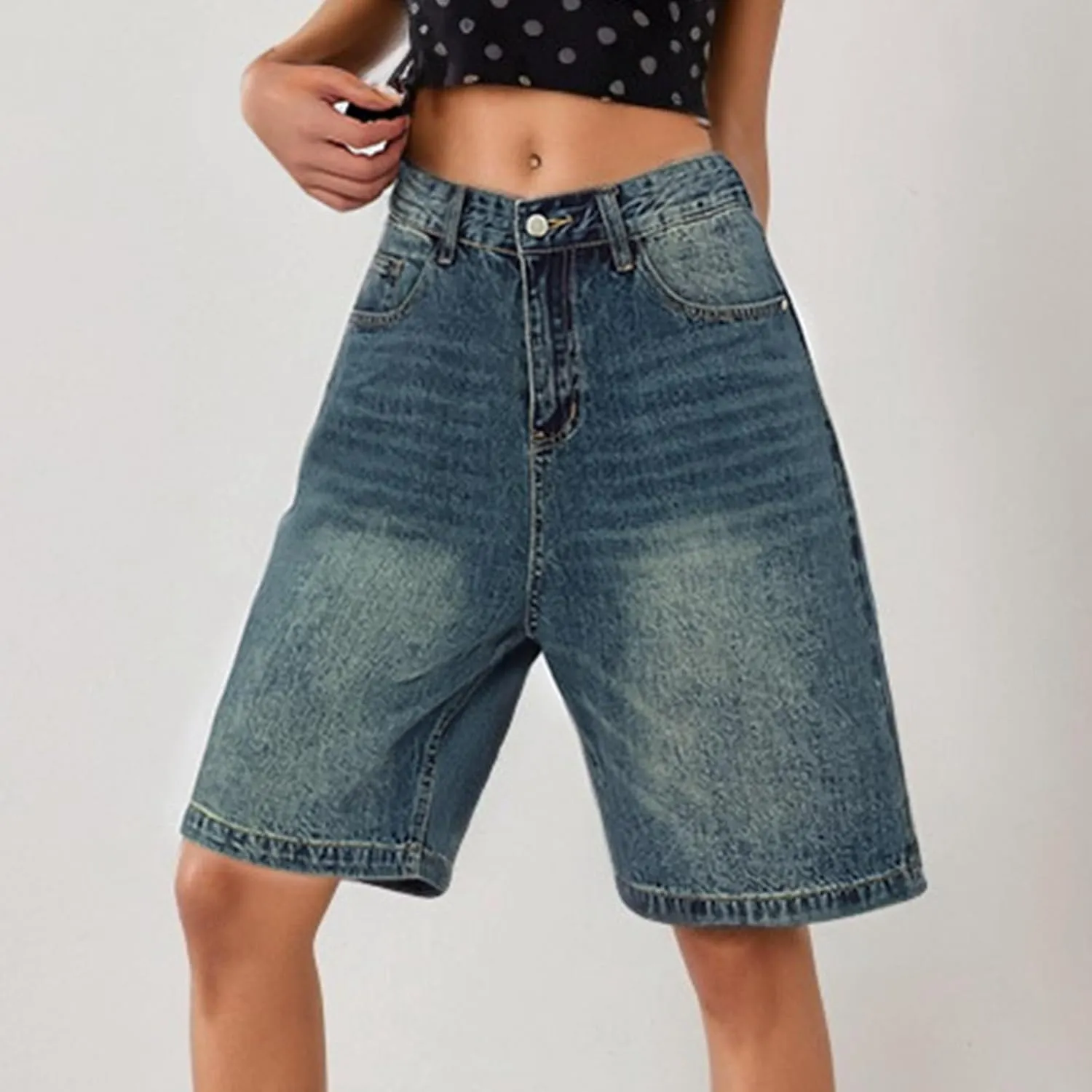 Womens High Waisted Stretch Bermuda Denim Shorts Knee Length Distressed Cutoffs, Loose Fit Casual Summer Jean Shorts