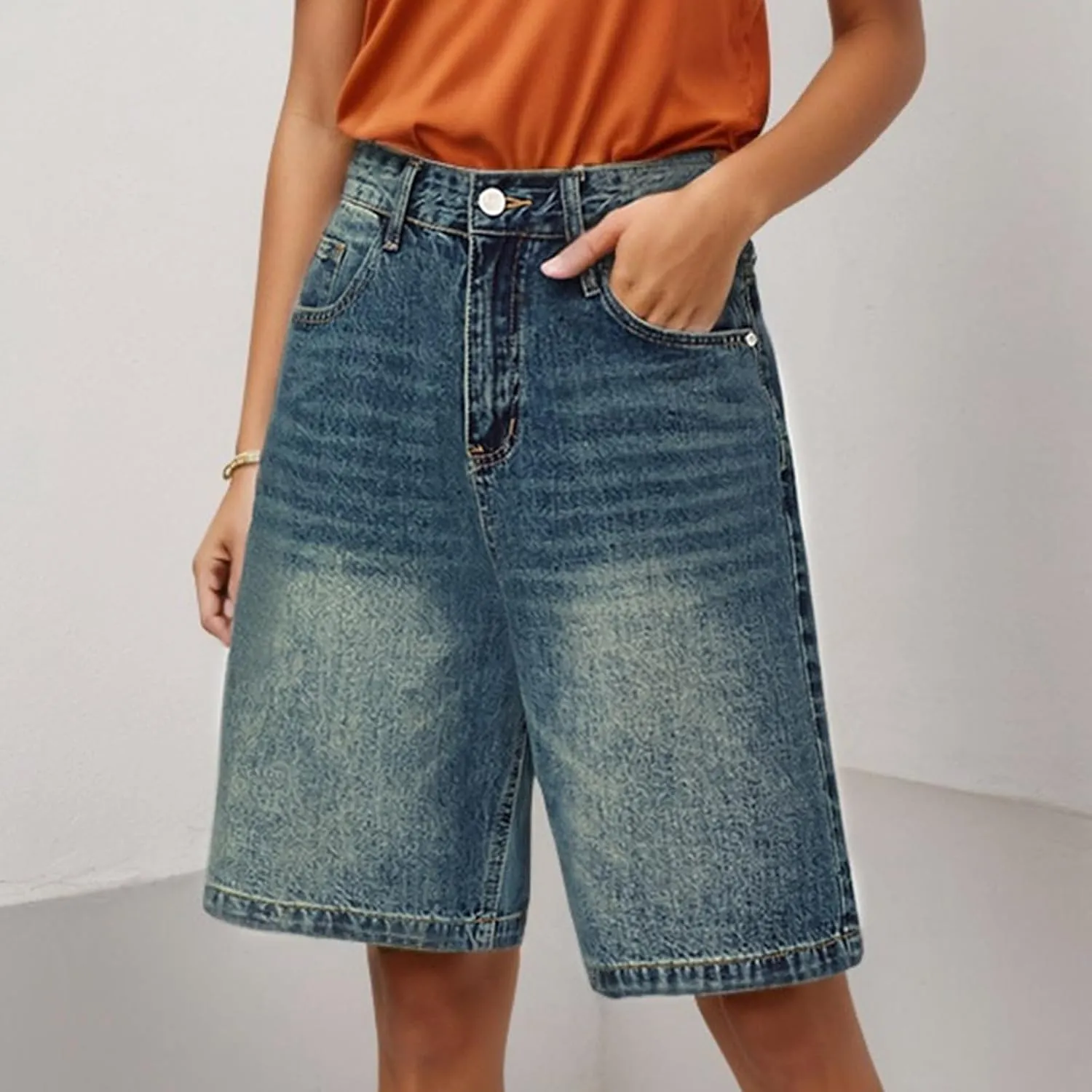 Womens High Waisted Stretch Bermuda Denim Shorts Knee Length Distressed Cutoffs, Loose Fit Casual Summer Jean Shorts