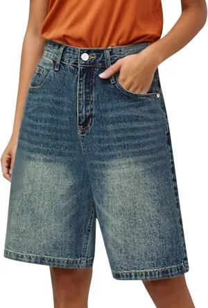 Womens High Waisted Stretch Bermuda Denim Shorts Knee Length Distressed Cutoffs, Loose Fit Casual Summer Jean Shorts