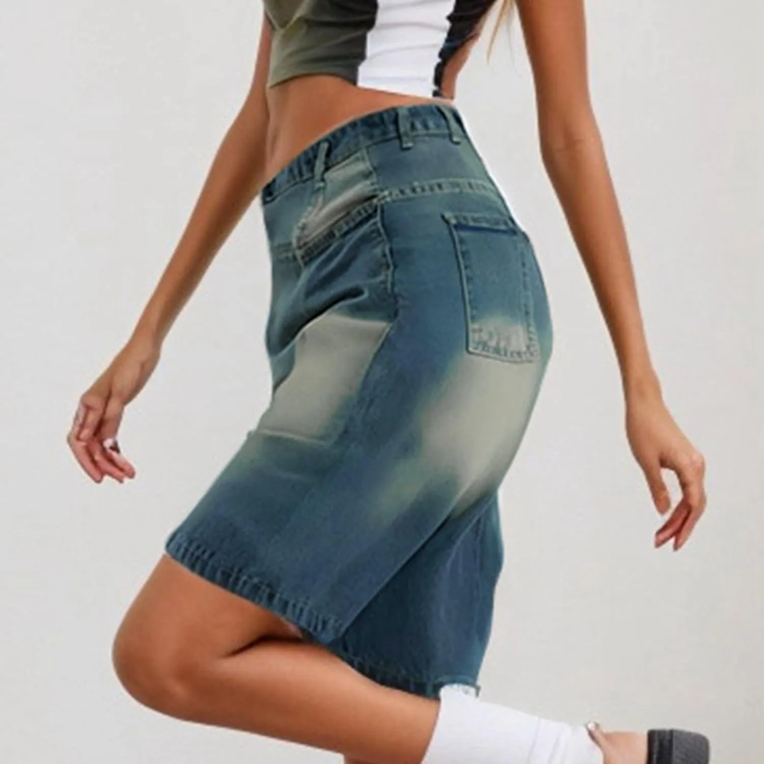 Womens High Waisted Stretch Bermuda Denim Shorts Knee Length Distressed Cutoffs, Loose Fit Casual Summer Jean Shorts