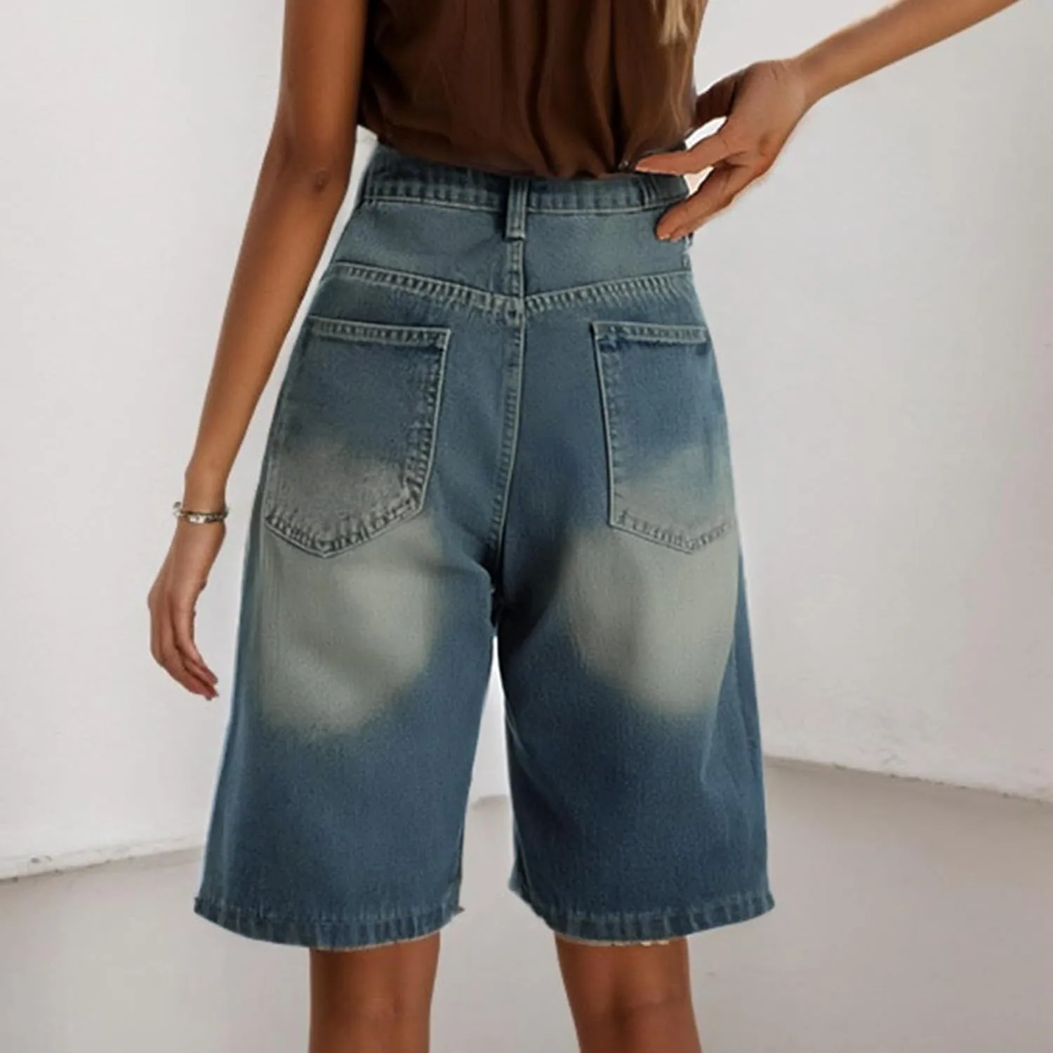 Womens High Waisted Stretch Bermuda Denim Shorts Knee Length Distressed Cutoffs, Loose Fit Casual Summer Jean Shorts