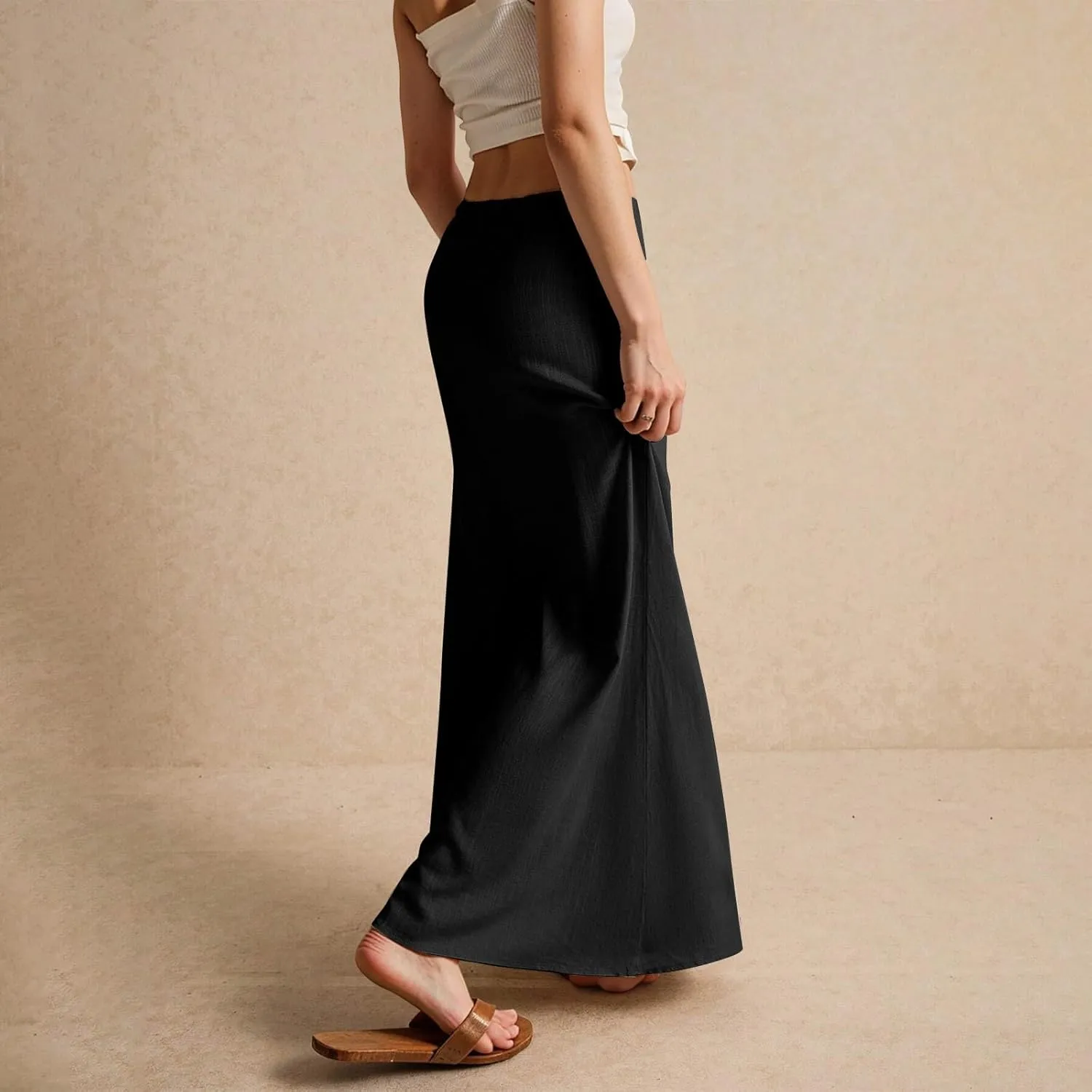 Womens Linen Maxi Skirt Drawstring Low Rise Long Skirts Solid Lightweight Summer Casual Cover Up Beach A Line Skirts