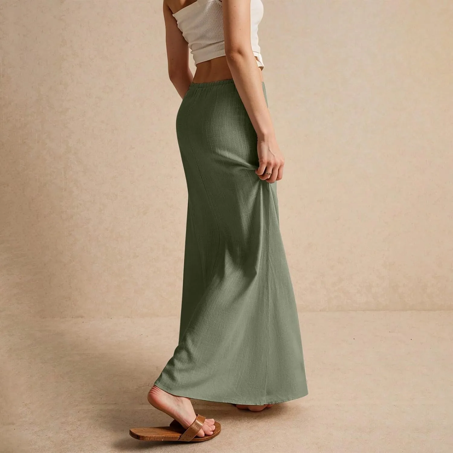 Womens Linen Maxi Skirt Drawstring Low Rise Long Skirts Solid Lightweight Summer Casual Cover Up Beach A Line Skirts