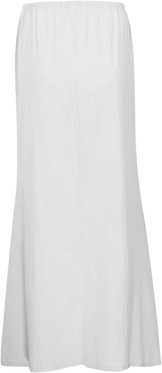 Womens Linen Maxi Skirts Summer Casual Boho Beach Vacation Comfy Flowy Long Drawstring Waist A Line Skirts