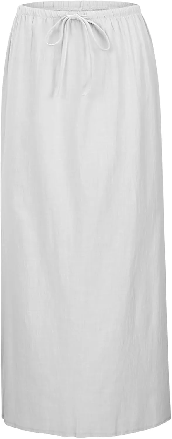 Womens Linen Maxi Skirts Summer Casual Boho Beach Vacation Comfy Flowy Long Drawstring Waist A Line Skirts