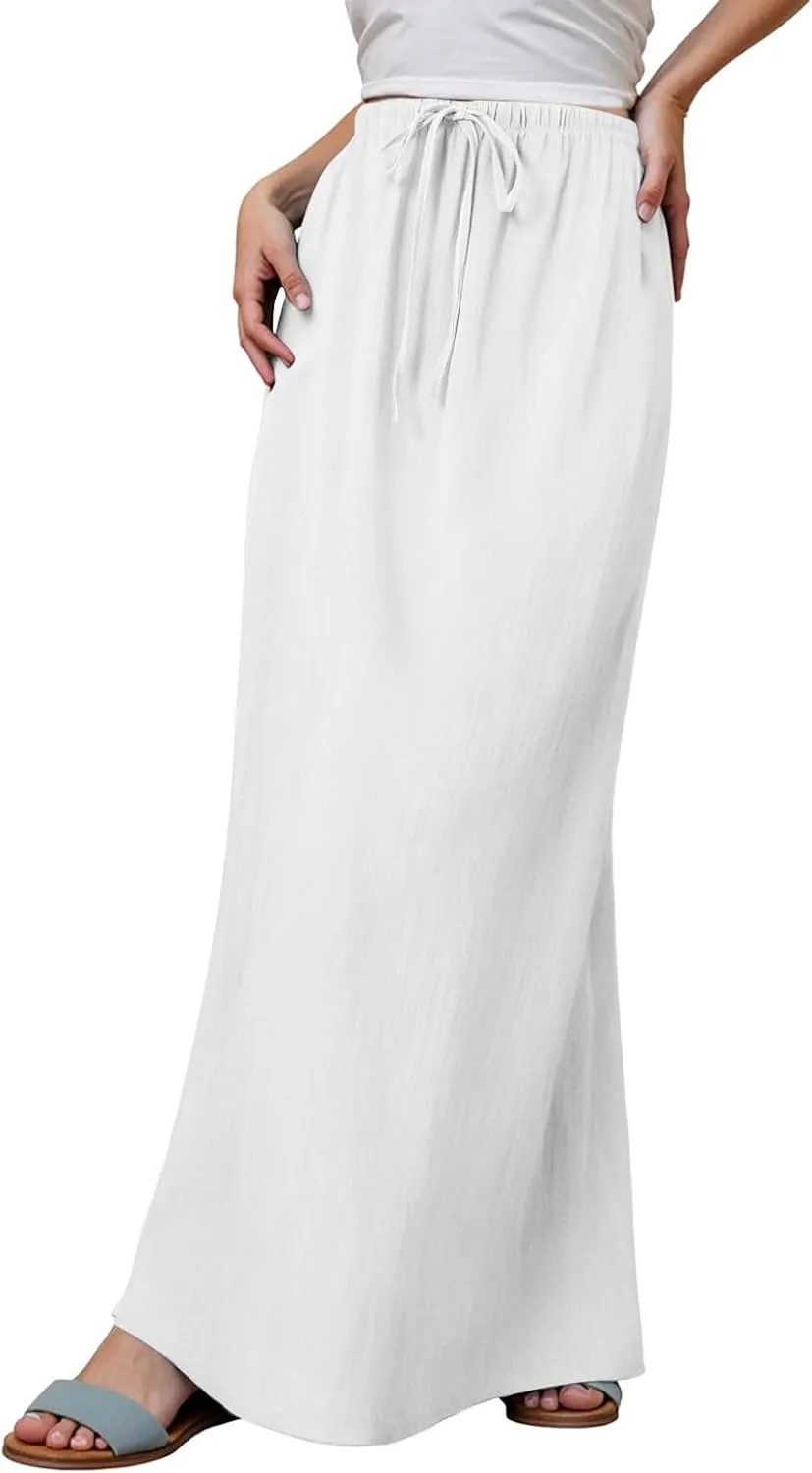 Womens Linen Maxi Skirts Summer Casual Boho Beach Vacation Comfy Flowy Long Drawstring Waist A Line Skirts
