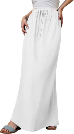 Womens Linen Maxi Skirts Summer Casual Boho Beach Vacation Comfy Flowy Long Drawstring Waist A Line Skirts