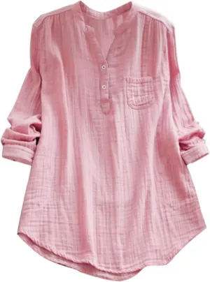 Womens Linen Shirts Summer Linen Plain Solid Short Sleeve T-Shirt Casual Loose Henley V-Neck Tee Shirts