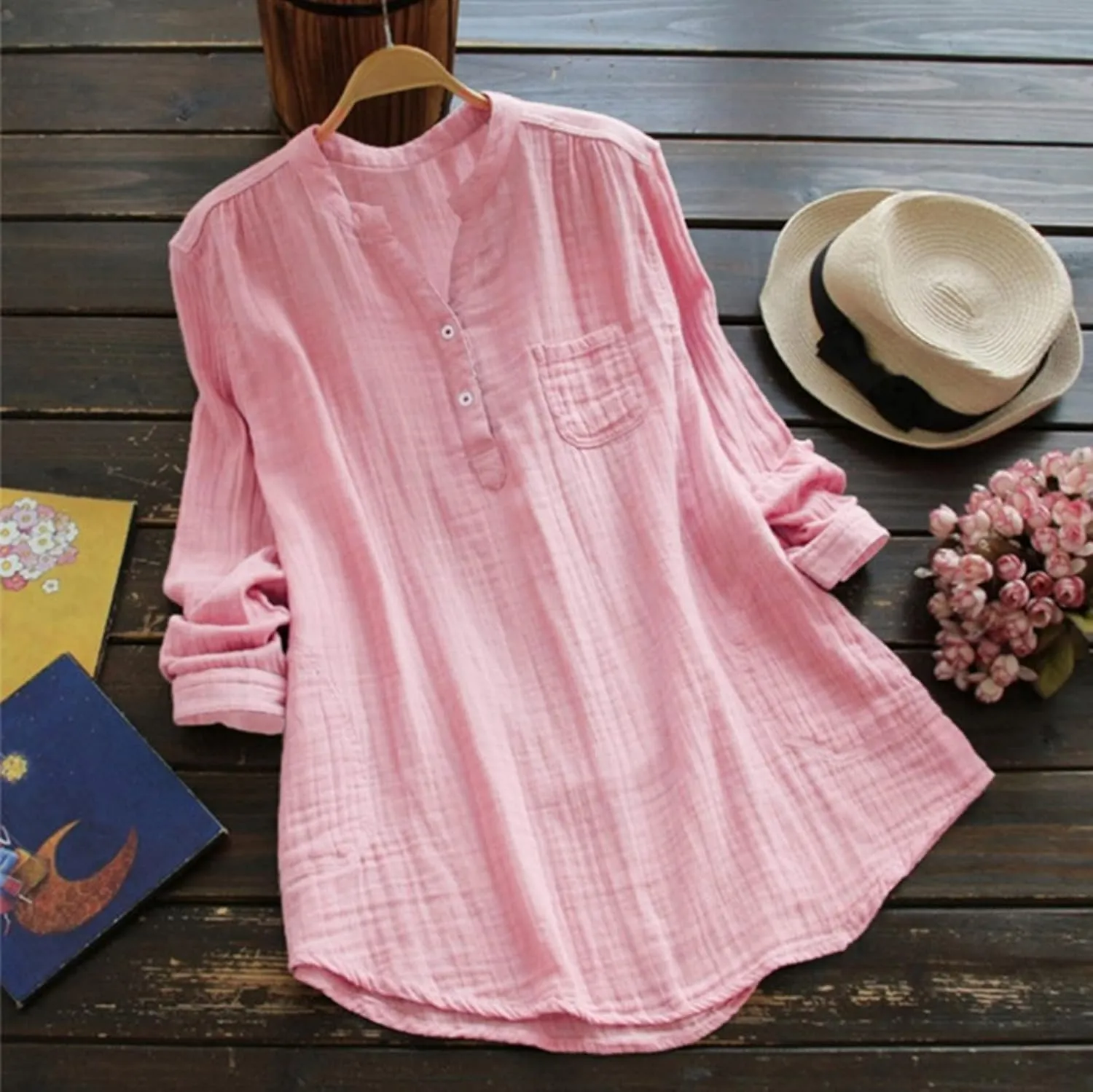 Womens Linen Shirts Summer Linen Plain Solid Short Sleeve T-Shirt Casual Loose Henley V-Neck Tee Shirts
