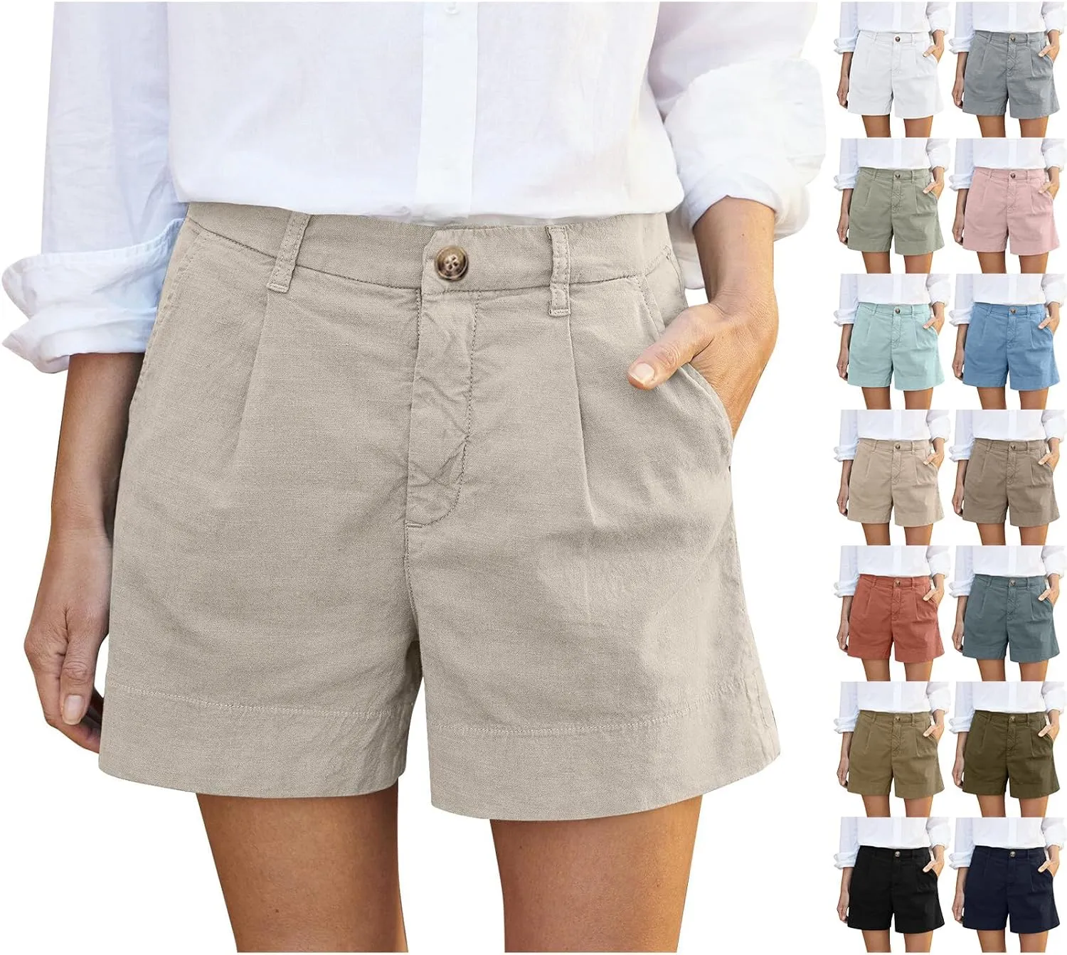 Womens Linen Shorts Dressy Casual High Waisted Pleated Bermuda Shorts Comfy Summer Wide Leg Short Pants with Pockets