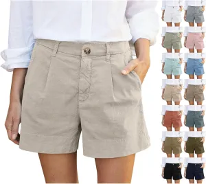 Womens Linen Shorts Dressy Casual High Waisted Pleated Bermuda Shorts Comfy Summer Wide Leg Short Pants with Pockets