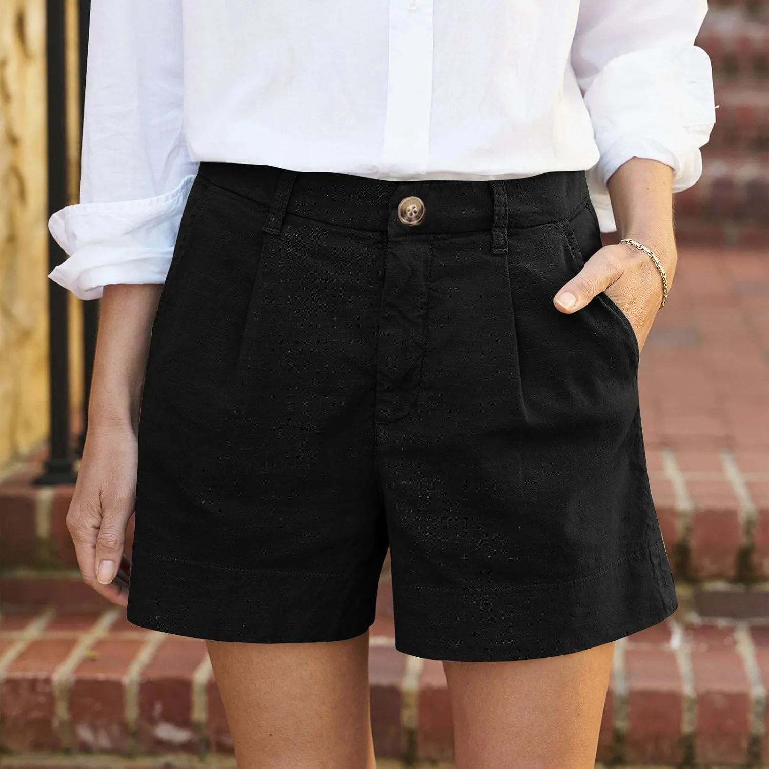 Womens Linen Shorts Dressy Casual High Waisted Pleated Bermuda Shorts Comfy Summer Wide Leg Short Pants with Pockets