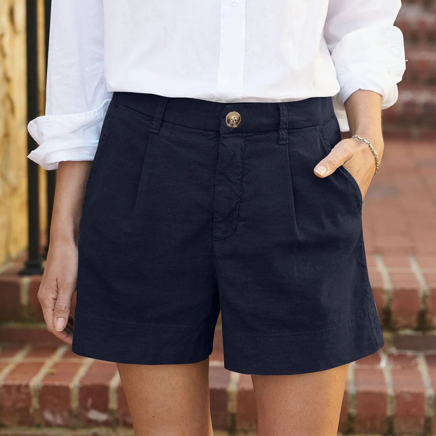 Womens Linen Shorts Dressy Casual High Waisted Pleated Bermuda Shorts Comfy Summer Wide Leg Short Pants with Pockets