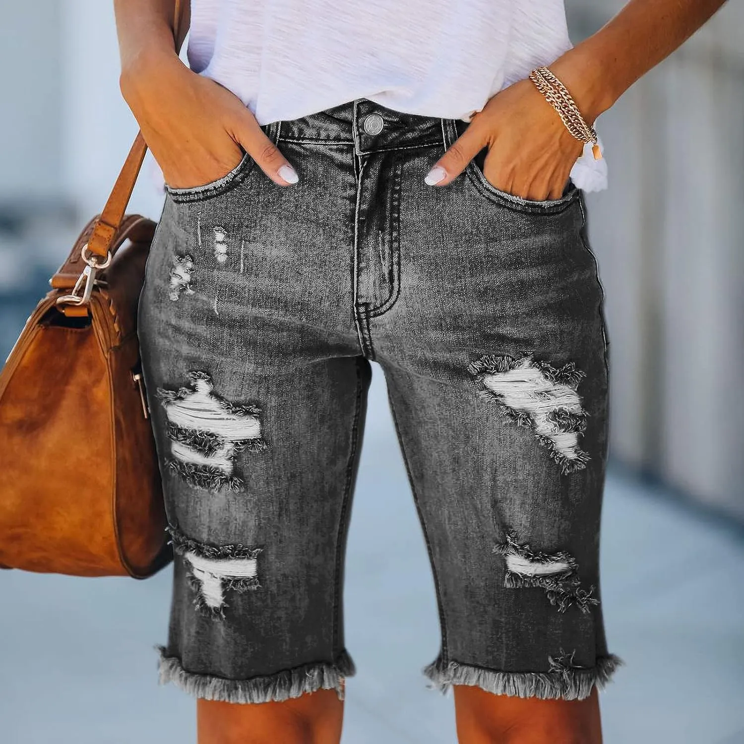 Womens Long Jean Shorts High Waisted Frayed Cut Off Bermuda Short Ripped Distressed Knee Length Stretch Denim Shorts