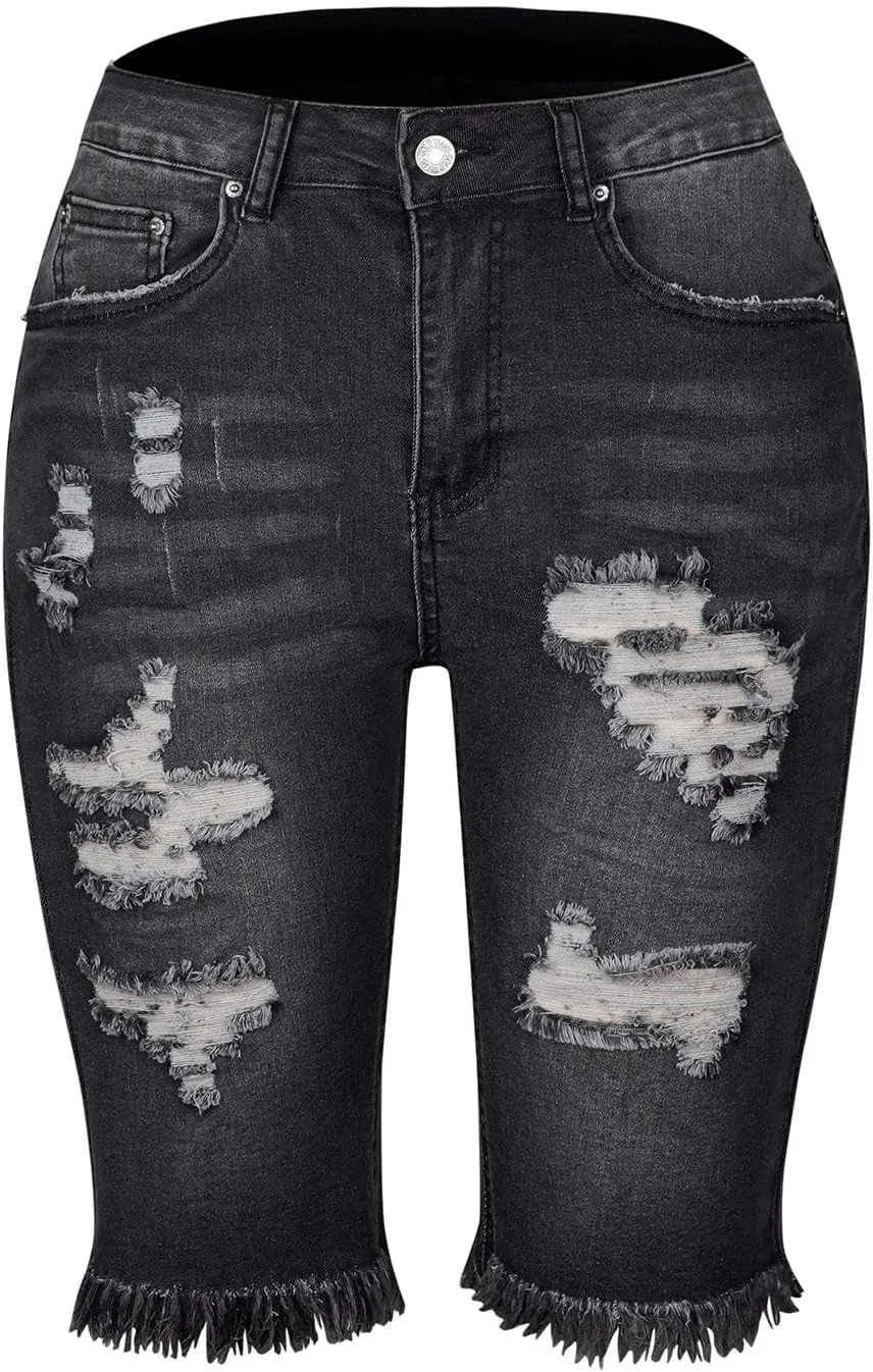 Womens Long Jean Shorts High Waisted Frayed Cut Off Bermuda Short Ripped Distressed Knee Length Stretch Denim Shorts
