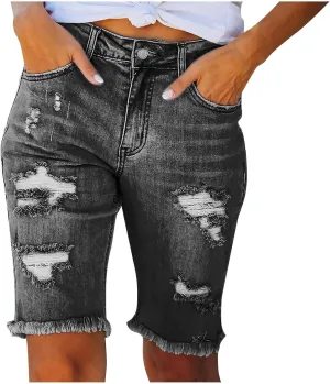 Womens Long Jean Shorts High Waisted Frayed Cut Off Bermuda Short Ripped Distressed Knee Length Stretch Denim Shorts