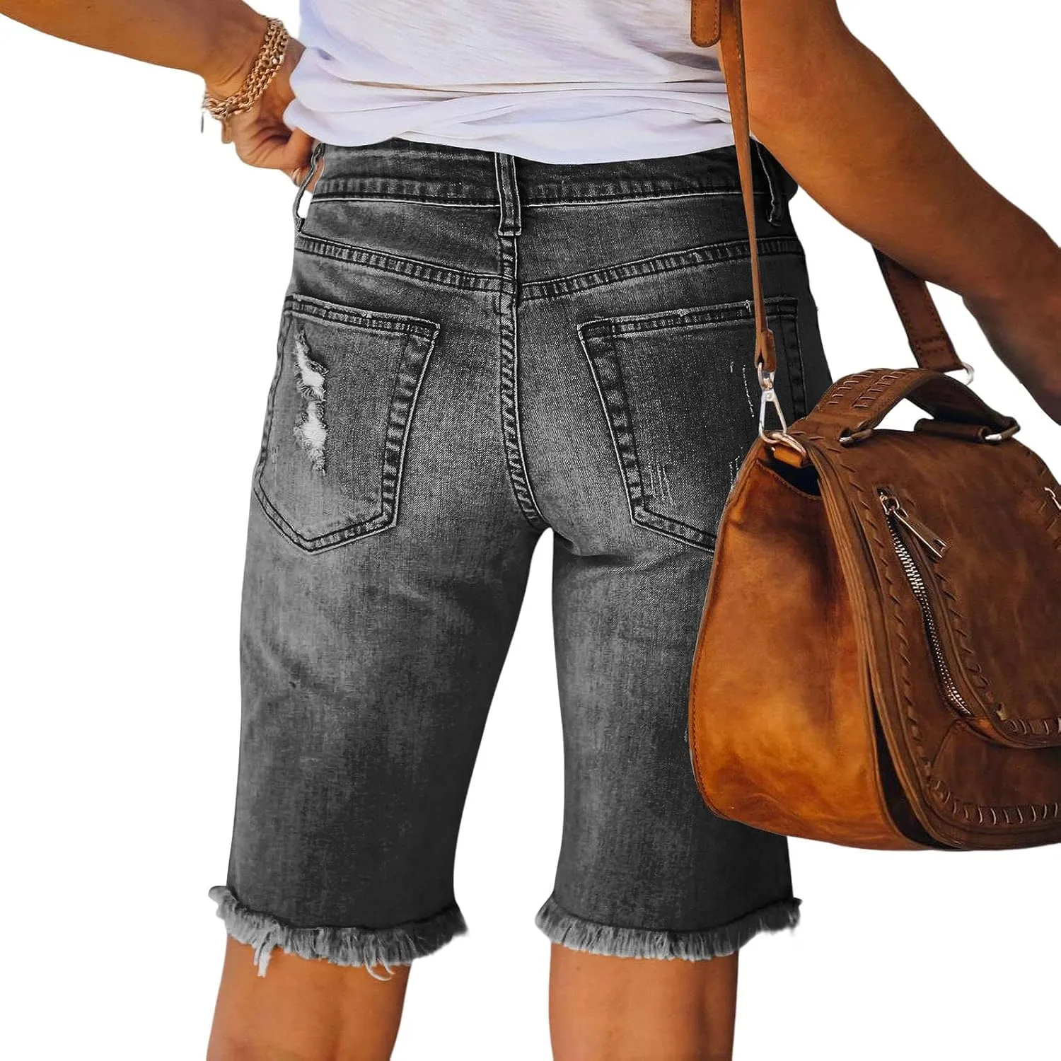 Womens Long Jean Shorts High Waisted Frayed Cut Off Bermuda Short Ripped Distressed Knee Length Stretch Denim Shorts