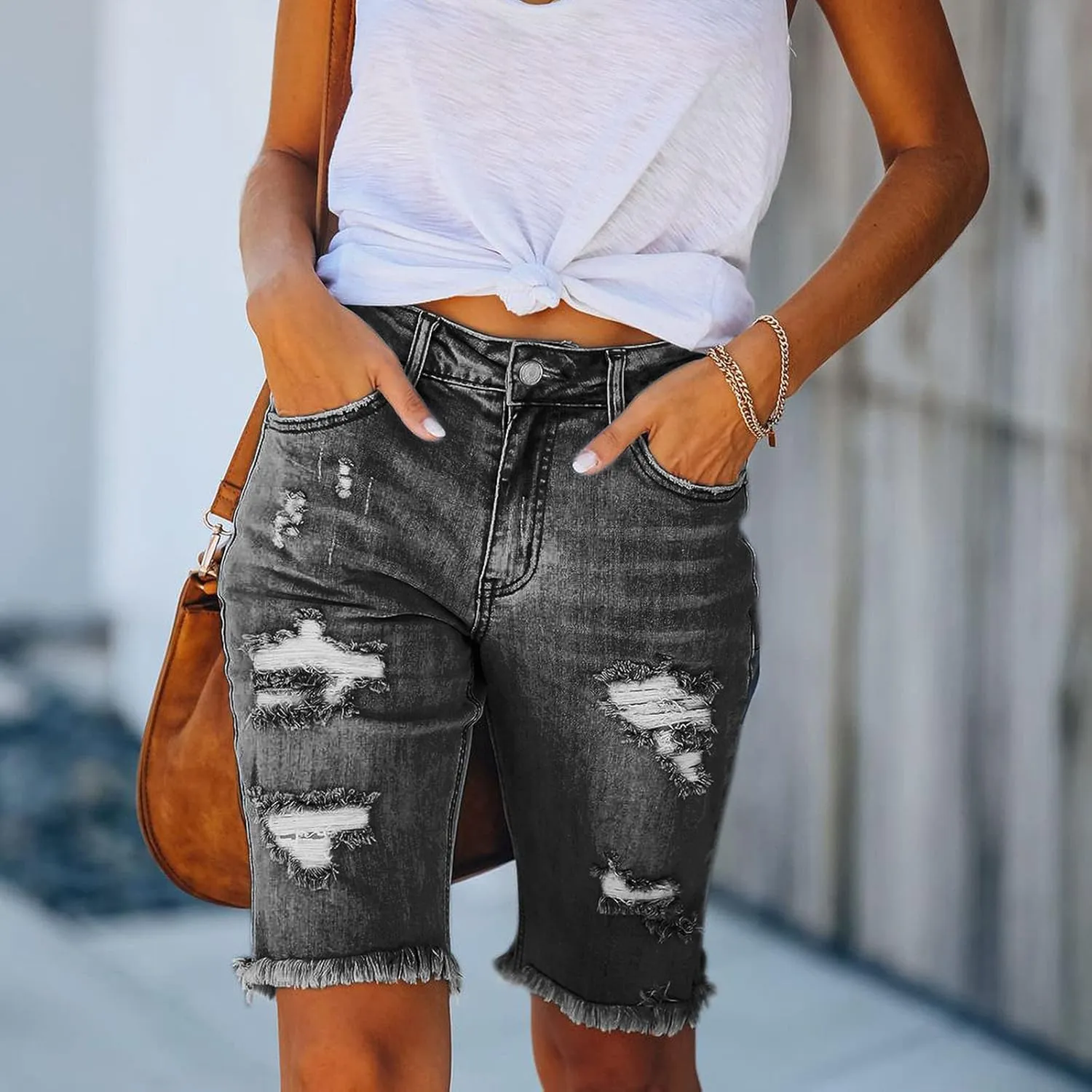 Womens Long Jean Shorts High Waisted Frayed Cut Off Bermuda Short Ripped Distressed Knee Length Stretch Denim Shorts