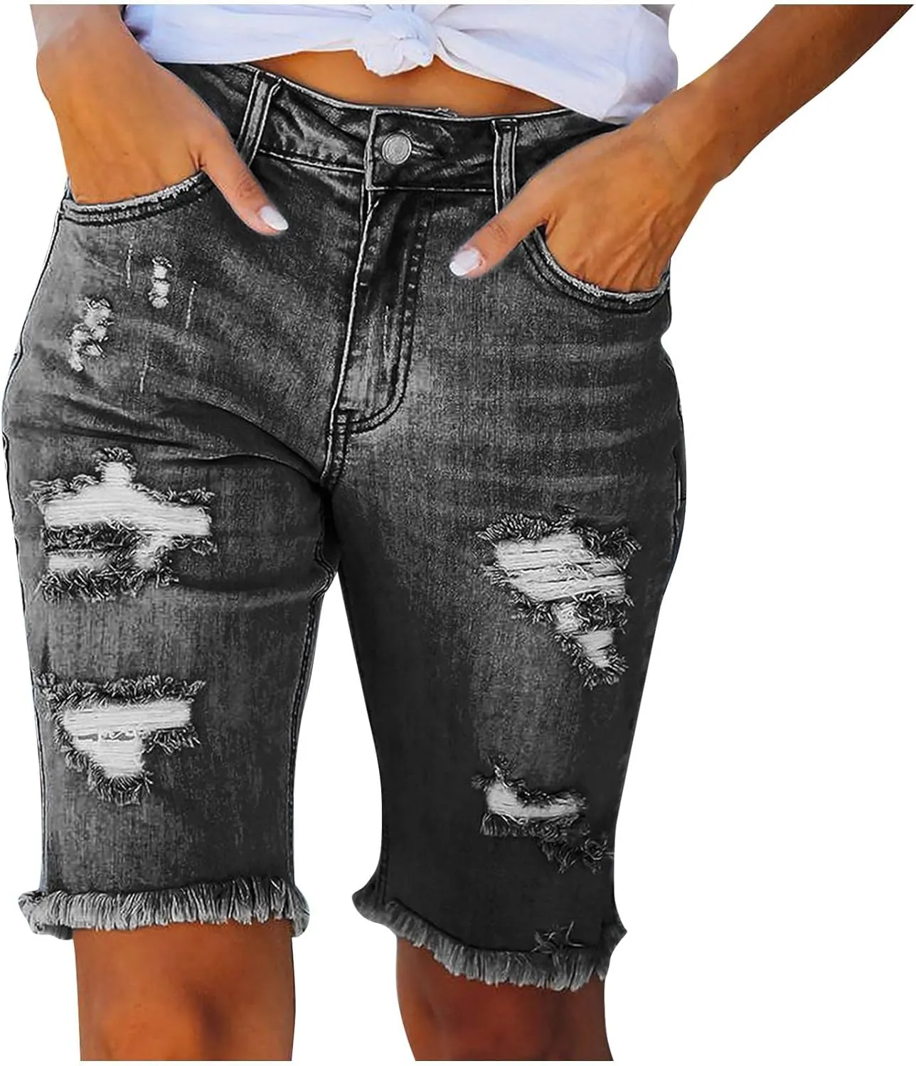 Womens Long Jean Shorts High Waisted Frayed Cut Off Bermuda Short Ripped Distressed Knee Length Stretch Denim Shorts
