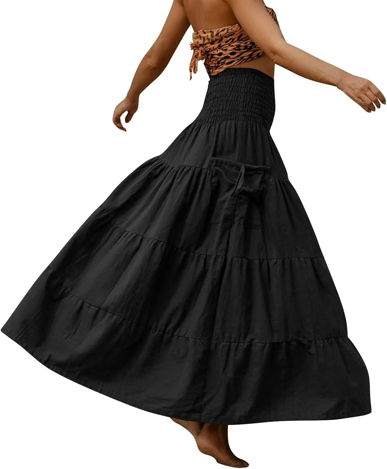 Womens Maxi Boho Skirt Long Pockets Hippie Bohemian Elastic Waist Gypsy Skirt Summer Flowy Pleated Tiered A Line Skirts