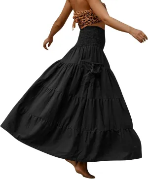 Womens Maxi Boho Skirt Long Pockets Hippie Bohemian Elastic Waist Gypsy Skirt Summer Flowy Pleated Tiered A Line Skirts