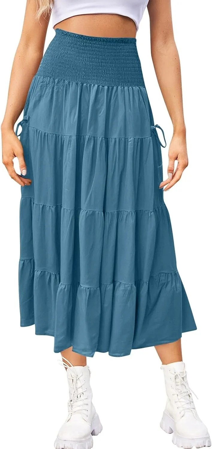 Womens Maxi Boho Skirt Long Pockets Hippie Bohemian Elastic Waist Gypsy Skirt Summer Flowy Pleated Tiered A Line Skirts