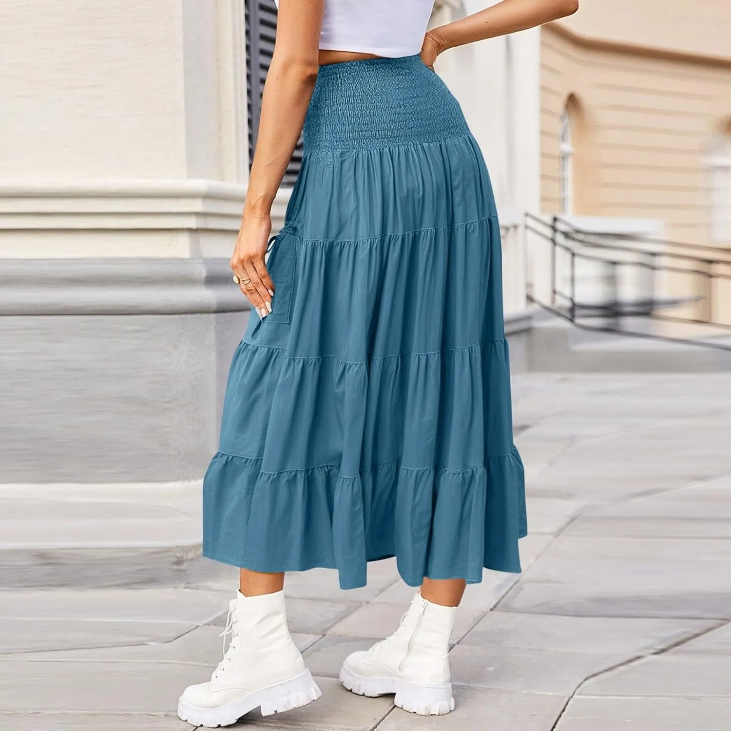 Womens Maxi Boho Skirt Long Pockets Hippie Bohemian Elastic Waist Gypsy Skirt Summer Flowy Pleated Tiered A Line Skirts