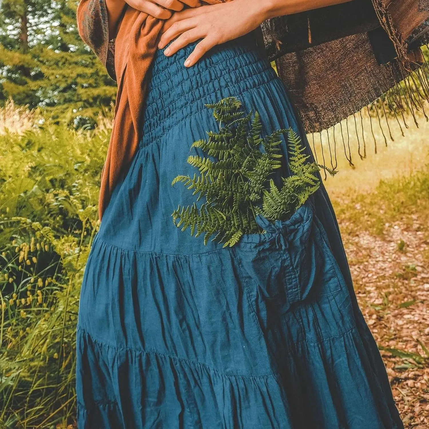 Womens Maxi Boho Skirt Long Pockets Hippie Bohemian Elastic Waist Gypsy Skirt Summer Flowy Pleated Tiered A Line Skirts