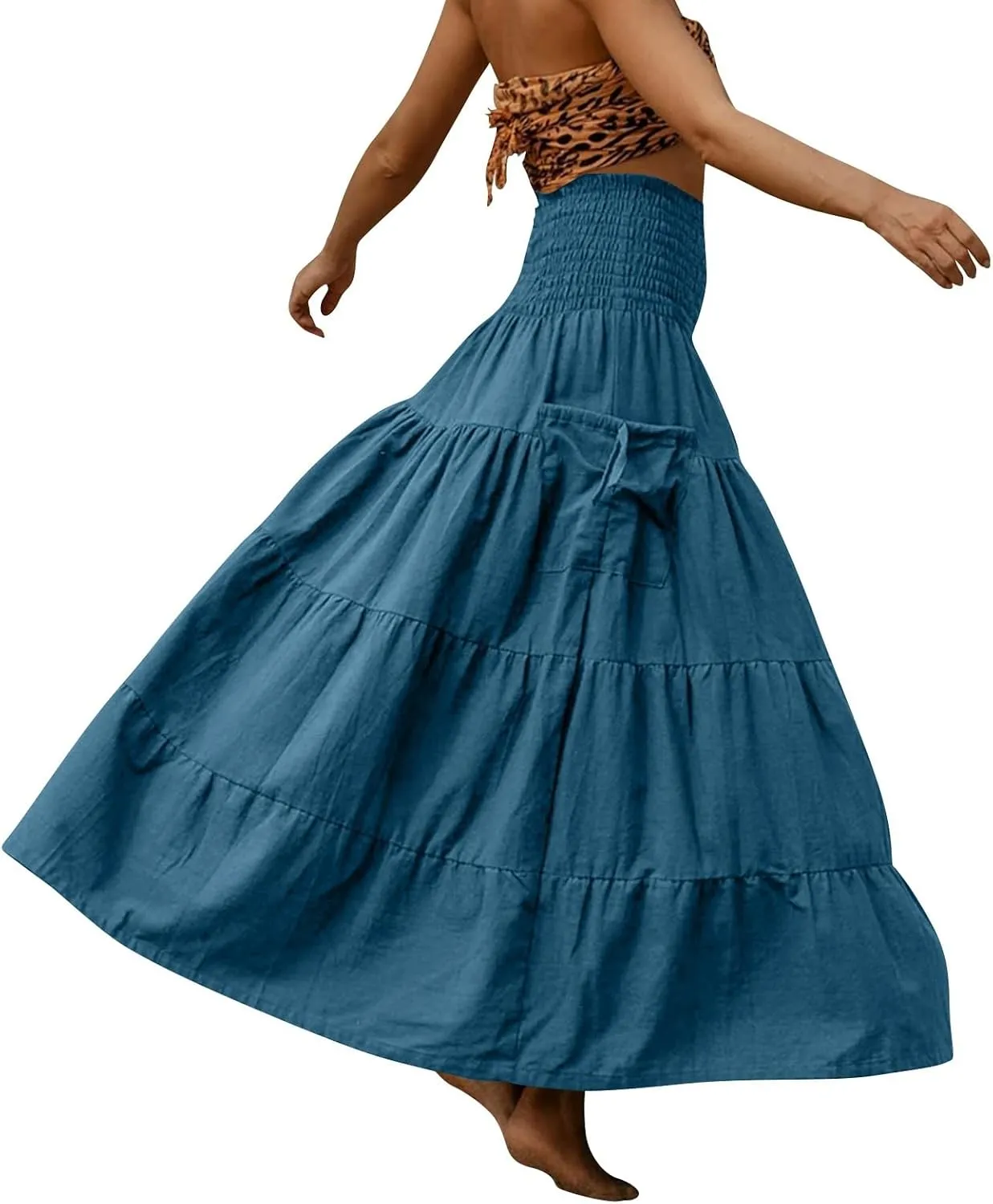 Womens Maxi Boho Skirt Long Pockets Hippie Bohemian Elastic Waist Gypsy Skirt Summer Flowy Pleated Tiered A Line Skirts