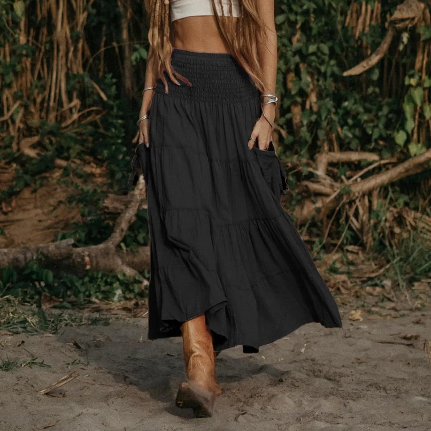 Womens Maxi Boho Skirt Long Pockets Hippie Bohemian Elastic Waist Gypsy Skirt Summer Flowy Pleated Tiered A Line Skirts