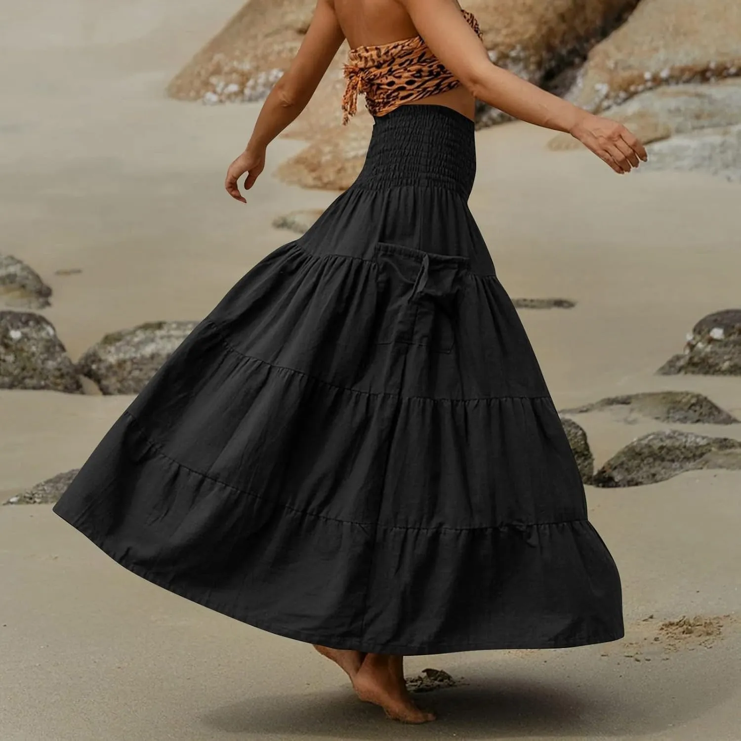 Womens Maxi Boho Skirt Long Pockets Hippie Bohemian Elastic Waist Gypsy Skirt Summer Flowy Pleated Tiered A Line Skirts