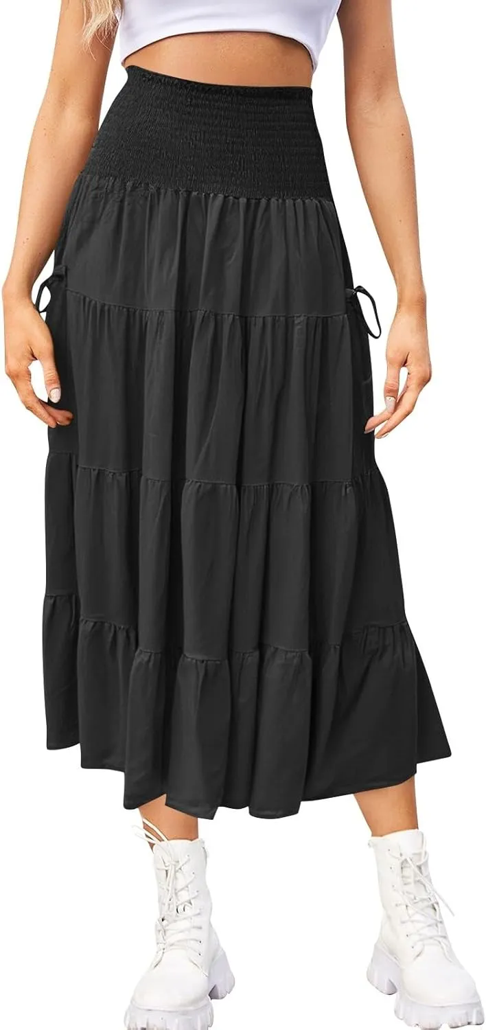 Womens Maxi Boho Skirt Long Pockets Hippie Bohemian Elastic Waist Gypsy Skirt Summer Flowy Pleated Tiered A Line Skirts