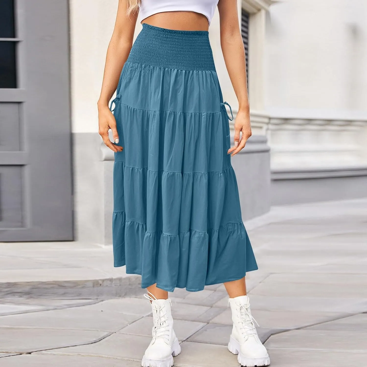 Womens Maxi Boho Skirt Long Pockets Hippie Bohemian Elastic Waist Gypsy Skirt Summer Flowy Pleated Tiered A Line Skirts