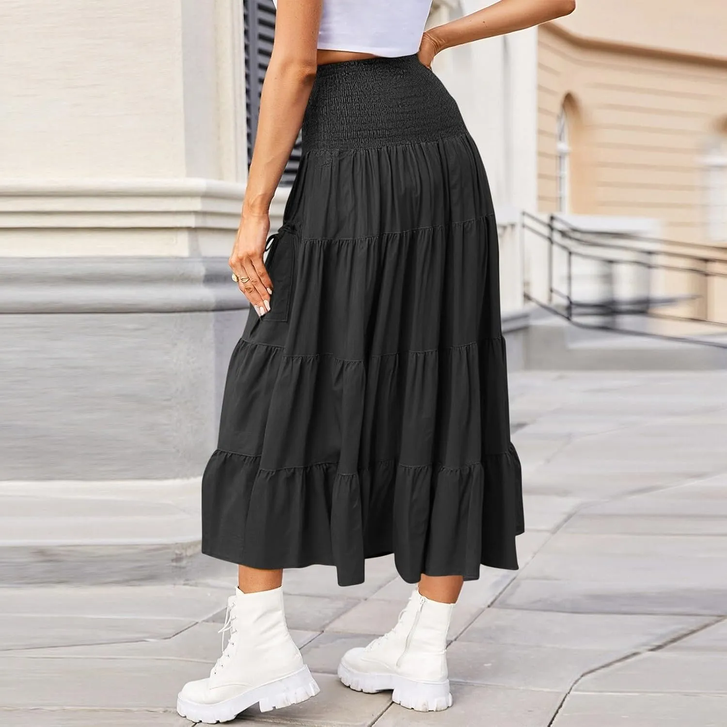 Womens Maxi Boho Skirt Long Pockets Hippie Bohemian Elastic Waist Gypsy Skirt Summer Flowy Pleated Tiered A Line Skirts