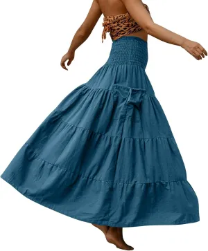 Womens Maxi Boho Skirt Long Pockets Hippie Bohemian Elastic Waist Gypsy Skirt Summer Flowy Pleated Tiered A Line Skirts