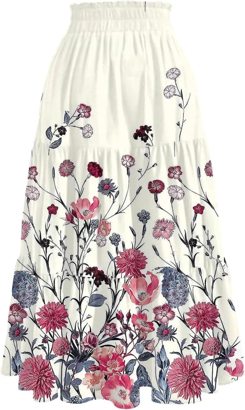 Womens Midi Skirt Elastic High Waist Pleated A-Line Flowy Skirts Boho Floral Printed Ruffle Tiered Beach Skorts