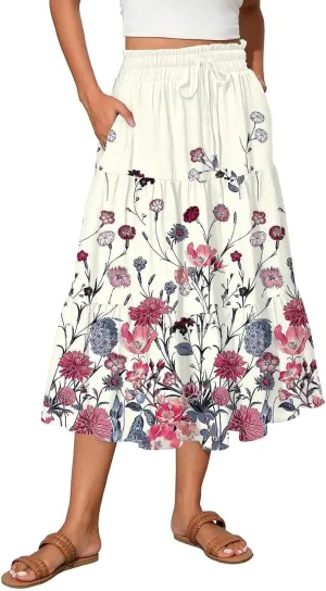 Womens Midi Skirt Elastic High Waist Pleated A-Line Flowy Skirts Boho Floral Printed Ruffle Tiered Beach Skorts