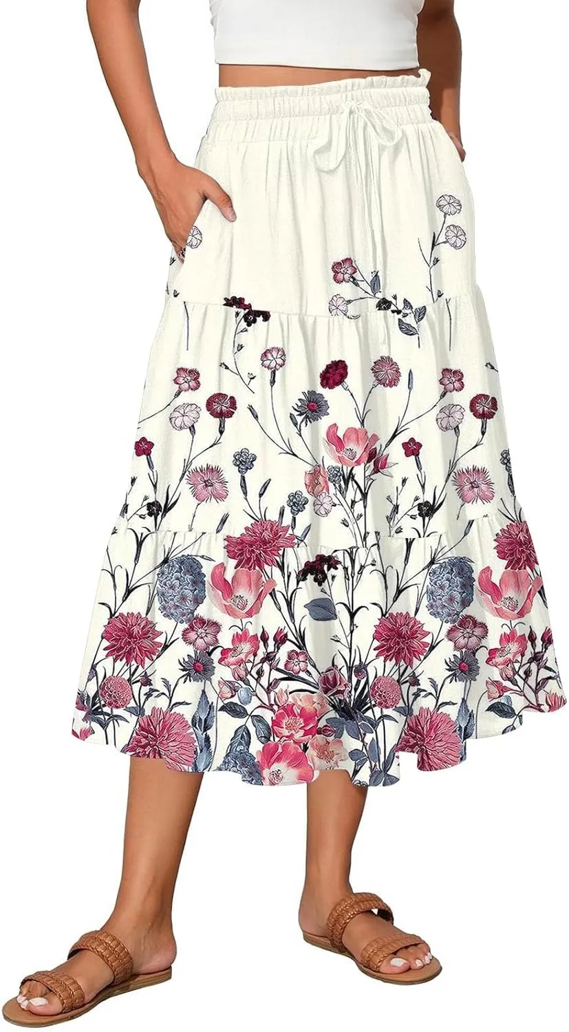 Womens Midi Skirt Elastic High Waist Pleated A-Line Flowy Skirts Boho Floral Printed Ruffle Tiered Beach Skorts