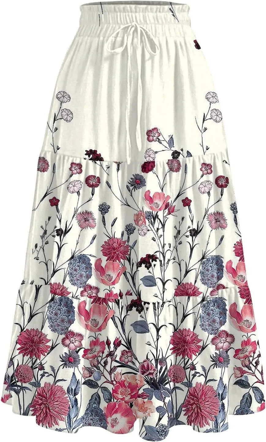 Womens Midi Skirt Elastic High Waist Pleated A-Line Flowy Skirts Boho Floral Printed Ruffle Tiered Beach Skorts