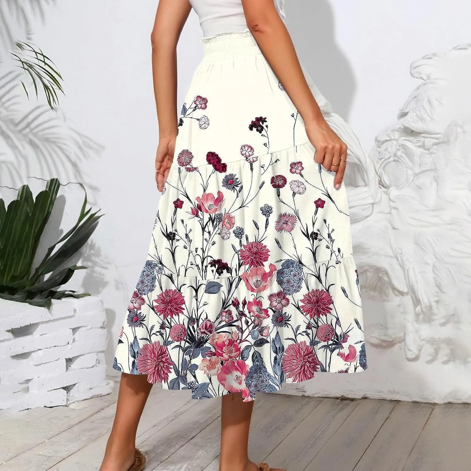 Womens Midi Skirt Elastic High Waist Pleated A-Line Flowy Skirts Boho Floral Printed Ruffle Tiered Beach Skorts