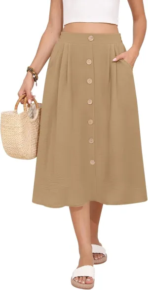 Women's Midi Skirt Summer Flowy High Waisted Casual Button Front Skirts with Pockets