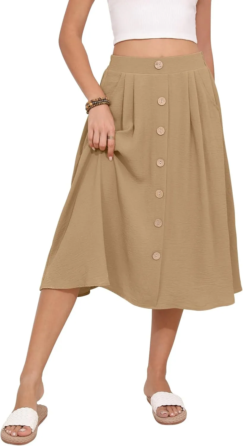 Women's Midi Skirt Summer Flowy High Waisted Casual Button Front Skirts with Pockets
